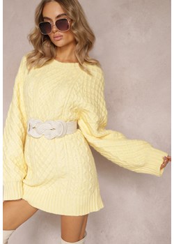 Żółty Długi Sweter Ozdobiony Drobnym Splotem Killoe ze sklepu Renee odzież w kategorii Swetry damskie - zdjęcie 163666352