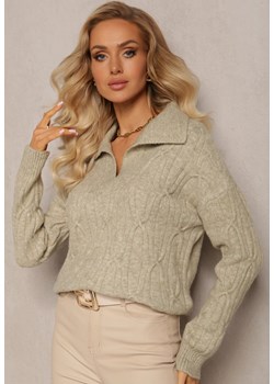 Jasnozielony Sweter z Dekoltem w Serek i Ozdobnym Splotem Travissa ze sklepu Renee odzież w kategorii Swetry damskie - zdjęcie 163823880