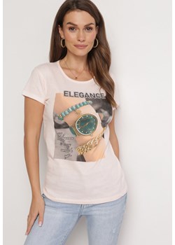Jasnoróżowy Bawełniany T-shirt z Prostokątnym Nadrukiem i Brokatem Silpa ze sklepu Born2be Odzież w kategorii Bluzki damskie - zdjęcie 163824414
