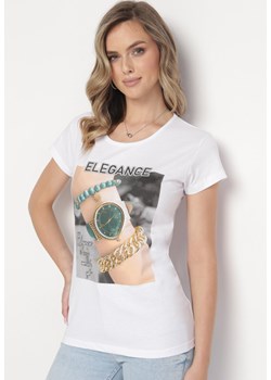 Biały Bawełniany T-shirt z Prostokątnym Nadrukiem i Brokatem Silpa ze sklepu Born2be Odzież w kategorii Bluzki damskie - zdjęcie 163824424