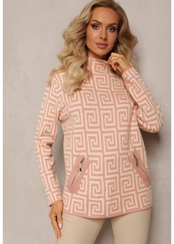 Różowy Sweterkowy Półgolf z Dzianiny o Geometrycznym Motywie i Dodatkowymi Zamkami Vulla ze sklepu Renee odzież w kategorii Swetry damskie - zdjęcie 163833913