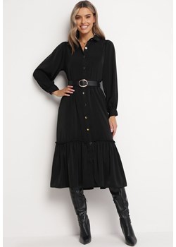 Czarna Koszulowa Sukienka Midi z Falbanką i Paskiem Kamat ze sklepu Born2be Odzież w kategorii Sukienki - zdjęcie 163859100
