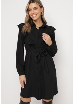 Czarna Koszulowa Sukienka z Falbanką i Wiązanym Paskiem Jituri ze sklepu Born2be Odzież w kategorii Sukienki - zdjęcie 163873623