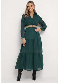 Ciemnozielona Sukienka z Kopertowym Dekoltem i Plecionym Paskiem Dirmi ze sklepu Born2be Odzież w kategorii Sukienki - zdjęcie 163873650