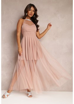 Różowa Maxi Sukienka o Rozkloszowanym Fasonie z Długim Tiulem i Ozdobnymi Cyrkoniami Amorah ze sklepu Renee odzież w kategorii Sukienki - zdjęcie 163886424