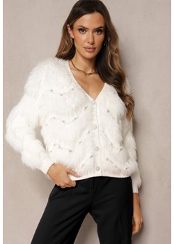Biały Kardigan z Dłuższym Włosiem w Perły i Cyrkonie Aretina ze sklepu Renee odzież w kategorii Swetry damskie - zdjęcie 163886524