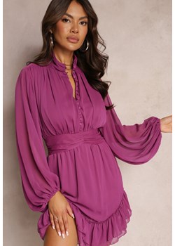 Fioletowa Sukienka Mini z Marszczoną Gumką i Przezroczystymi Rękawami Janay ze sklepu Renee odzież w kategorii Sukienki - zdjęcie 163886632