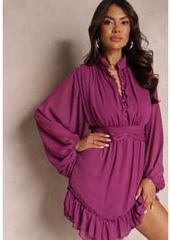 Fioletowa Sukienka Mini z Marszczoną Gumką i Przezroczystymi Rękawami Janay ze sklepu Renee odzież w kategorii Sukienki - zdjęcie 163886634