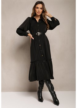 Czarna Koszulowa Sukienka Midi z Paskiem i Ozdobną Falbanką Mulimani ze sklepu Renee odzież w kategorii Sukienki - zdjęcie 163886644