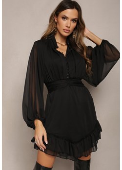Czarna Sukienka Mini z Marszczoną Gumką i Przezroczystymi Rękawami Janay ze sklepu Renee odzież w kategorii Sukienki - zdjęcie 163888133