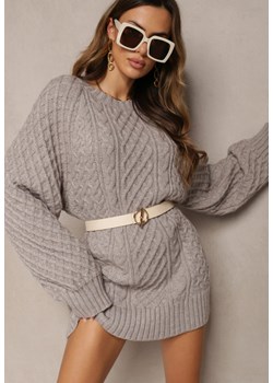 Szary Długi Sweter Ozdobiony Drobnym Splotem Killoe ze sklepu Renee odzież w kategorii Swetry damskie - zdjęcie 163903282