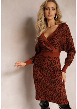 Brązowa Sweterkowa Sukienka w Panterkę z Kopertowym Dekoltem Haweisa ze sklepu Renee odzież w kategorii Sukienki - zdjęcie 164343711