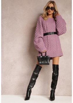 Fioletowy Długi Sweter Ozdobiony Drobnym Splotem Killoe ze sklepu Renee odzież w kategorii Swetry damskie - zdjęcie 164356360
