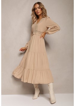 Beżowa Sukienka Rozkloszowana z Falbanką i Koronką Kiaya ze sklepu Renee odzież w kategorii Sukienki - zdjęcie 164356410