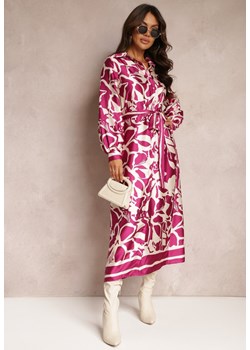 Fioletowa Satynowa Sukienka Koszulowa w Kwiaty z Paskiem Zatwala ze sklepu Renee odzież w kategorii Sukienki - zdjęcie 164409170