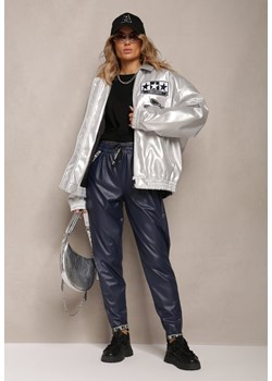 Granatowe Spodnie z Imitacji Skóry z Gumką w Talii Kadni ze sklepu Renee odzież w kategorii Spodnie damskie - zdjęcie 164409210