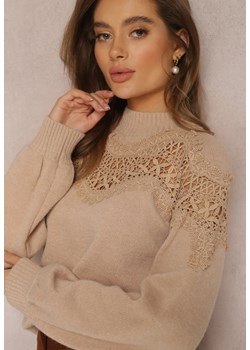 Beżowy Sweter Dzianinowy z Wstawką z Koronki Laroline ze sklepu Renee odzież w kategorii Swetry damskie - zdjęcie 164417163
