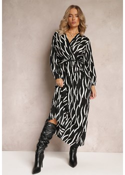 Czarno-Biała Maxi Sukienka z Gumką i Paskiem w Talii oraz Kopertowym Dekoltem Doiren ze sklepu Renee odzież w kategorii Sukienki - zdjęcie 164436523