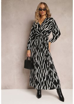 Czarno-Biała Maxi Sukienka z Gumką i Paskiem w Talii oraz Kopertowym Dekoltem Doiren ze sklepu Renee odzież w kategorii Sukienki - zdjęcie 164436524