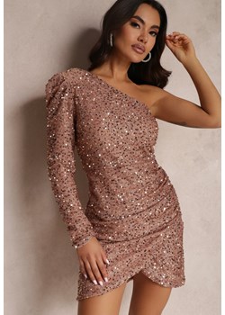 Ciemnobeżowa Sukienka Asymetryczna Cekinowa Ecie ze sklepu Renee odzież w kategorii Sukienki - zdjęcie 164438414
