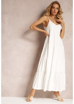 Biała Bawełniana Sukienka Maxi z Wiązanymi Ramiączkami i Rozkloszowaną Falbaną Mariones ze sklepu Renee odzież w kategorii Sukienki - zdjęcie 164441264