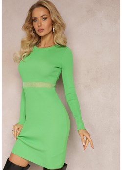 Zielona Sukienka Mini Dzianinowa z Transparentną Wstawką w Talii Makaila ze sklepu Renee odzież w kategorii Sukienki - zdjęcie 164441464