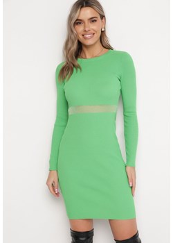 Zielona Dzianinowa Sukienka z Transparentną Talią Mullis ze sklepu Born2be Odzież w kategorii Sukienki - zdjęcie 164499580
