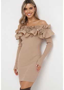 Beżowa Sukienka Hiszpanka Mini z Falbankami Xerxeni ze sklepu Born2be Odzież w kategorii Sukienki - zdjęcie 164506300