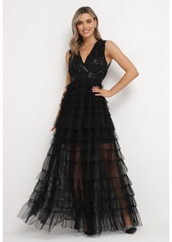 Czarna Sukienka Maxi z Kopertowym Dekoltem i Tiulowym Dołem z Wiązaniem na Plecach Cesudja ze sklepu Born2be Odzież w kategorii Sukienki - zdjęcie 164506400