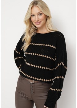 Czarny Sweter z Bufiastymi Rękawami Ozdobiony Cienkimi Paskami Bilentia ze sklepu Born2be Odzież w kategorii Swetry damskie - zdjęcie 164506650