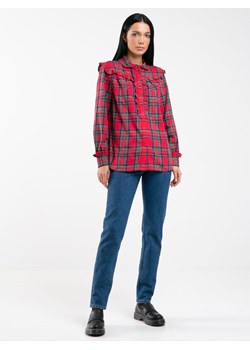 Koszula damska w kratę z ozdobnymi falbankami czerwona Frilo 603 ze sklepu Big Star w kategorii Koszule damskie - zdjęcie 164521640