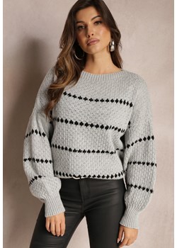 Szary Sweter z Szerokimi Bufiastymi Rękawami i Drobnym Wzorem Nigistis ze sklepu Renee odzież w kategorii Swetry damskie - zdjęcie 164526353