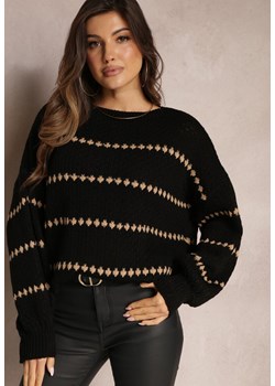 Czarny Sweter z Szerokimi Bufiastymi Rękawami i Drobnym Wzorem Nigistis ze sklepu Renee odzież w kategorii Swetry damskie - zdjęcie 164526363