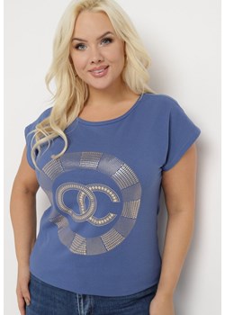 Niebieski Bawełniany T-shirt z Metalicznym Nadrukiem Lapur ze sklepu Born2be Odzież w kategorii Bluzki damskie - zdjęcie 164529204
