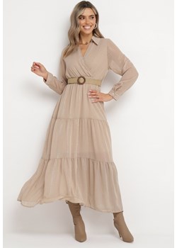Beżowa Sukienka z Kopertowym Dekoltem i Plecionym Paskiem Dirmi ze sklepu Born2be Odzież w kategorii Sukienki - zdjęcie 164563033
