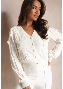 Biały Kardigan Zapinany z Ozdobnymi Falbankami Diselda ze sklepu Renee odzież w kategorii Swetry damskie - zdjęcie 164569711
