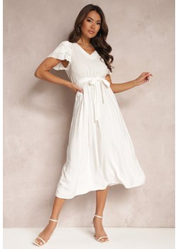 Biała Wiskozowa Sukienka Midi z Gumką w Talii i Falbankami Nenora ze sklepu Renee odzież w kategorii Sukienki - zdjęcie 164569721