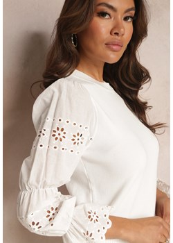 Biały Sweter z Ozdobnym Haftem i Ażurowym Rękawem Anulika ze sklepu Renee odzież w kategorii Swetry damskie - zdjęcie 164569913