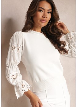 Biały Sweter z Ozdobnym Haftem i Ażurowym Rękawem Anulika ze sklepu Renee odzież w kategorii Swetry damskie - zdjęcie 164569914