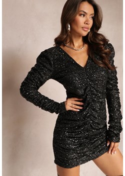 Czarna Sukienka Mini Zdobiona Cekinami z Marszczeniami i Trójkątnym Dekoltem Vartha ze sklepu Renee odzież w kategorii Sukienki - zdjęcie 164570322