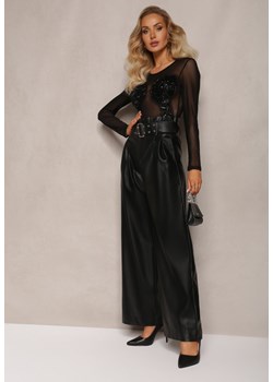 Czarne Szerokie Spodnie High Waist z Ekoskóry i Paskiem Phyphne ze sklepu Renee odzież w kategorii Spodnie damskie - zdjęcie 164574913