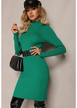 Zielona Sweterkowa Sukienka Mini z Prążkowanej Dzianiny z Półgolfem Soamlata ze sklepu Renee odzież w kategorii Sukienki - zdjęcie 164649782