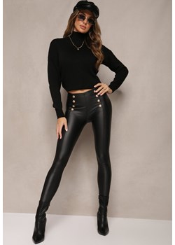Czarne Spodnie Skinny z Biżuteryjnymi Guzikami i Gumką w Talii Mizzaka ze sklepu Renee odzież w kategorii Spodnie damskie - zdjęcie 164681844