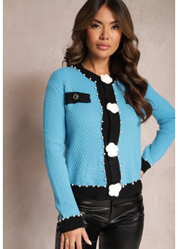 Niebieski Kardigan z Wiskozy o Klasycznym Fasonie z Perłami i Kwiatami Kallu ze sklepu Renee odzież w kategorii Swetry damskie - zdjęcie 164687604
