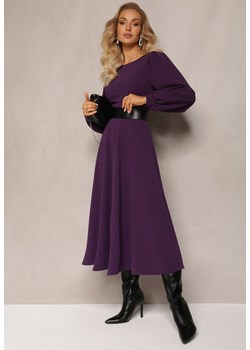 Fioletowa Sukienka Midi o Rozkloszowanym Fasonie z Bufiastymi Rękawami Amatya ze sklepu Renee odzież w kategorii Sukienki - zdjęcie 164687712