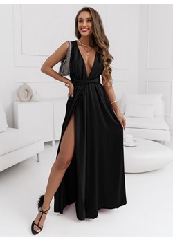 Czarna długa satynowa sukienka - różne wiązania Lyric - czarny ze sklepu pakuten.pl w kategorii Sukienki - zdjęcie 164717362