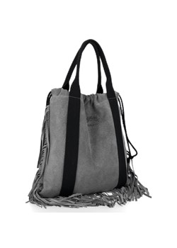 Vittoria Gotti Włoska Torebka Skórzana Shopper Bag w stylu Boho Szara ze sklepu PaniTorbalska w kategorii Torby Shopper bag - zdjęcie 164723622