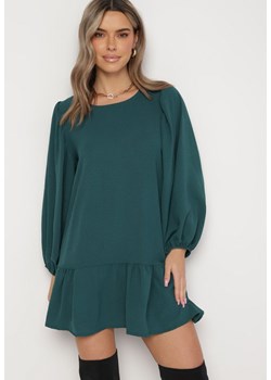 Zielona Trapezowa Sukienka Mini Oversize z Okrągłym Dekoltem i Falbankami Birdola ze sklepu Born2be Odzież w kategorii Sukienki - zdjęcie 164730561
