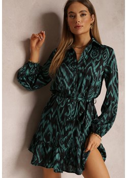 Zielona Sukienka Koszulowa z Wiązanym Paskiem i Falbankami Khristina ze sklepu Renee odzież w kategorii Sukienki - zdjęcie 164754651