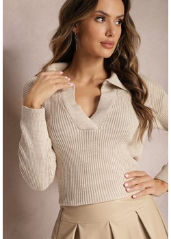 Beżowy Sweter z Dekoltem w Serek i Kołnierzykiem Benioza ze sklepu Renee odzież w kategorii Swetry damskie - zdjęcie 164789782